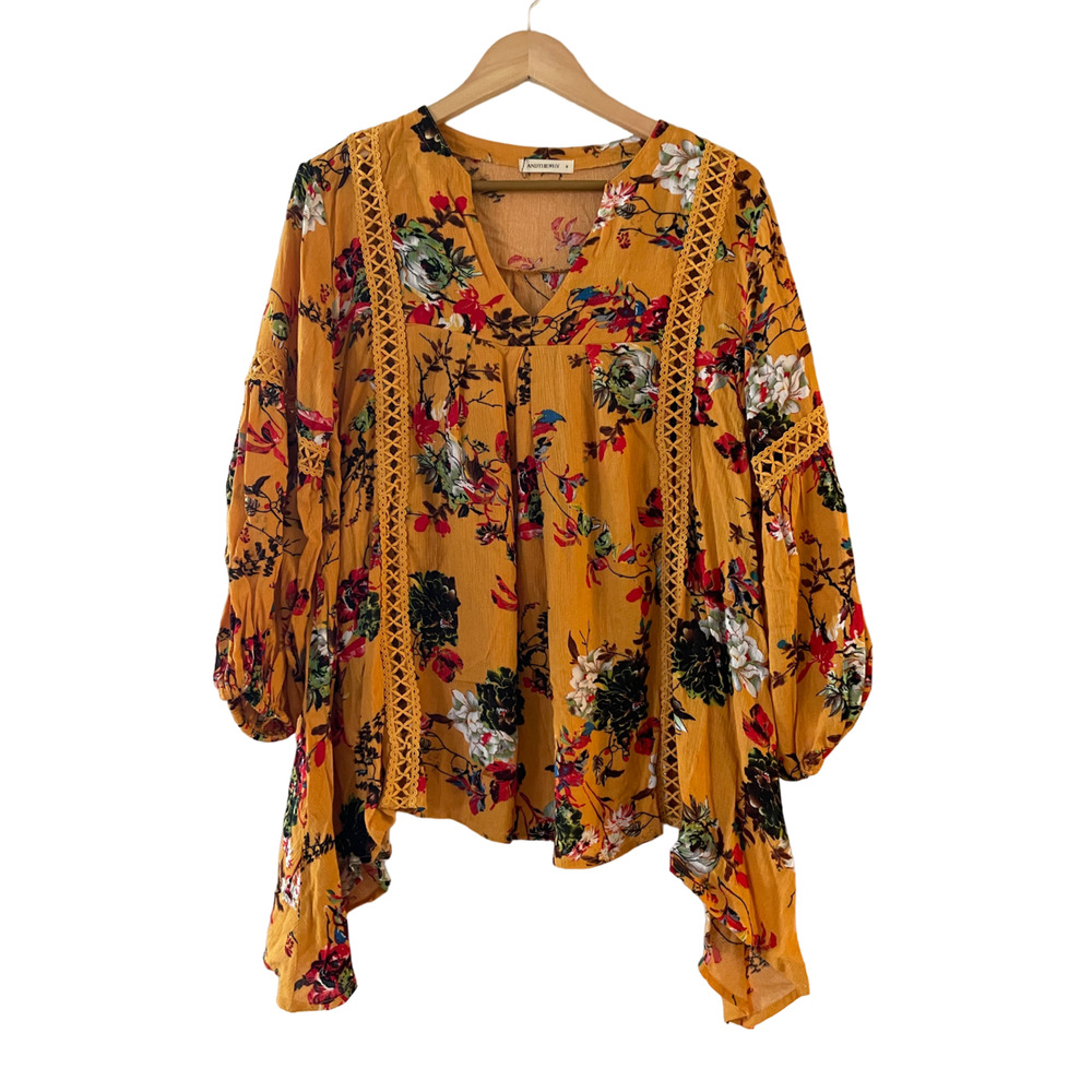 AndTheWhy Sz M Women Floral Boho Blouse Lattice Lace Trim Split Neck Long Sleeve